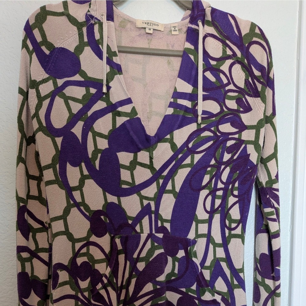 Vertigo Paris Womens Purple Green Abstract Floral Knit Hoodie Sweater V-Neck M